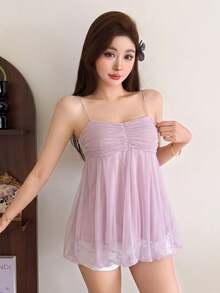 Top Dazzle Women's Chic Sleeveless Spaghetti Strap Knitted Backless Regular Top, Gorgeous Mesh Detail, All-Season - Purple - View 3