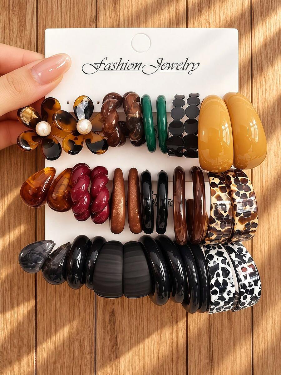 10/12/34 Pcs Fall Retro Vintage Resin Earrings Set For Women, Leopard Print Chunky Hoops, Flower, Twist & Teardrop, Daily & Vacation Wear - Colorful - View 1