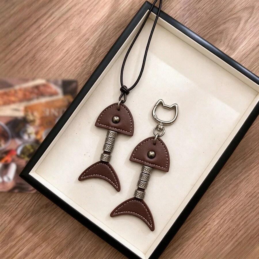 JRESSIAL Cute Versatile Casual Fashion Multi-Color Leather Handmade Fish Bone Pendant DIY Keychain Bag Charm, Can DIY Bag Charm, Car Rearview Mirror Hanging Decoration, Sweater Chain, Luggage Charm, Keychain, Perfect Gift For Birthday, Anniversary - Coffee - View 1