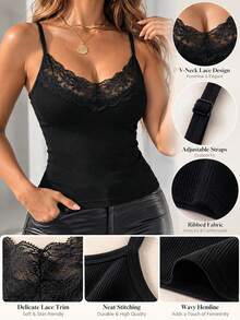 2pcs Women's Lace V-Neck Camisole, Ribbed Slim Fit Spaghetti Strap Tank Top, Elegant Lace Trim Basic Layering Top, Suitable For Casual Daily Wear - Multicolor - View 8