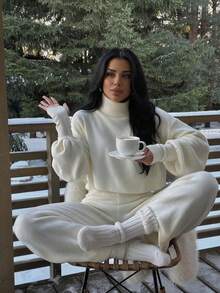 MEECY Women's Solid Color High Neck Drop Shoulder Long Sleeve Sweater And Pants Casual Set - White - View 3