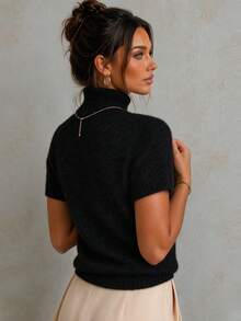 Women's Autumn/Winter New Knit Mock Neck Short Sleeve Top, Simple Basic Fitted Sweater, Wool Blend Knit Top, Y2K Retro Style, Suitable For Daily Wear, Halloween Outfit - Black - View 4