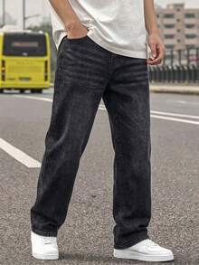 Boys Casual Pocket Simple Elastic Waist Straight Leg Loose Fit Denim Jeans, Everyday Casual - Black - View 5
