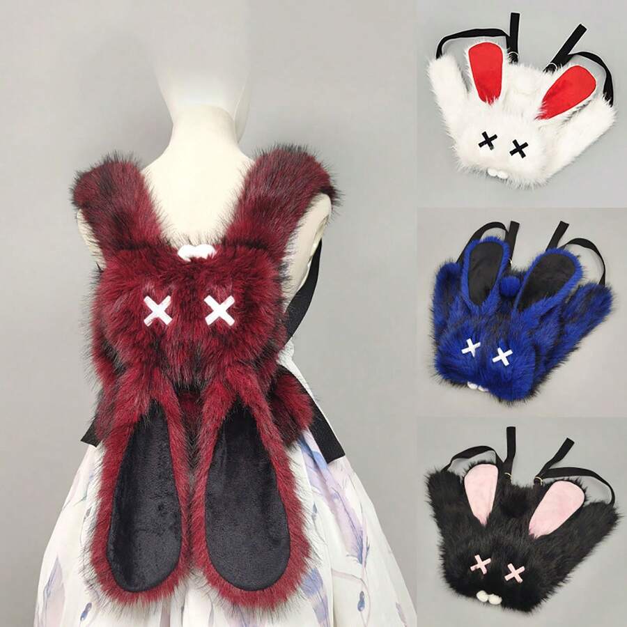 Dark Punk Rabbit Backpack, Niche Culture Rabbit Ears Fluffy Large Capacity Versatile Double Crossbody Bag