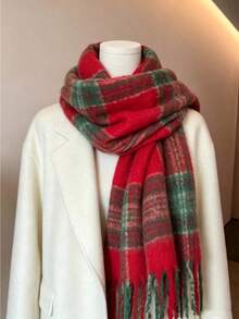 1pc Women's Winter Tassel Couple Scarf, Thick Warm Cold-Proof Multi-Functional French Plaid Scarf, Fashionable Atmosphere, Winter Christmas Gift, Birthday Gift - Multicolor - View 4