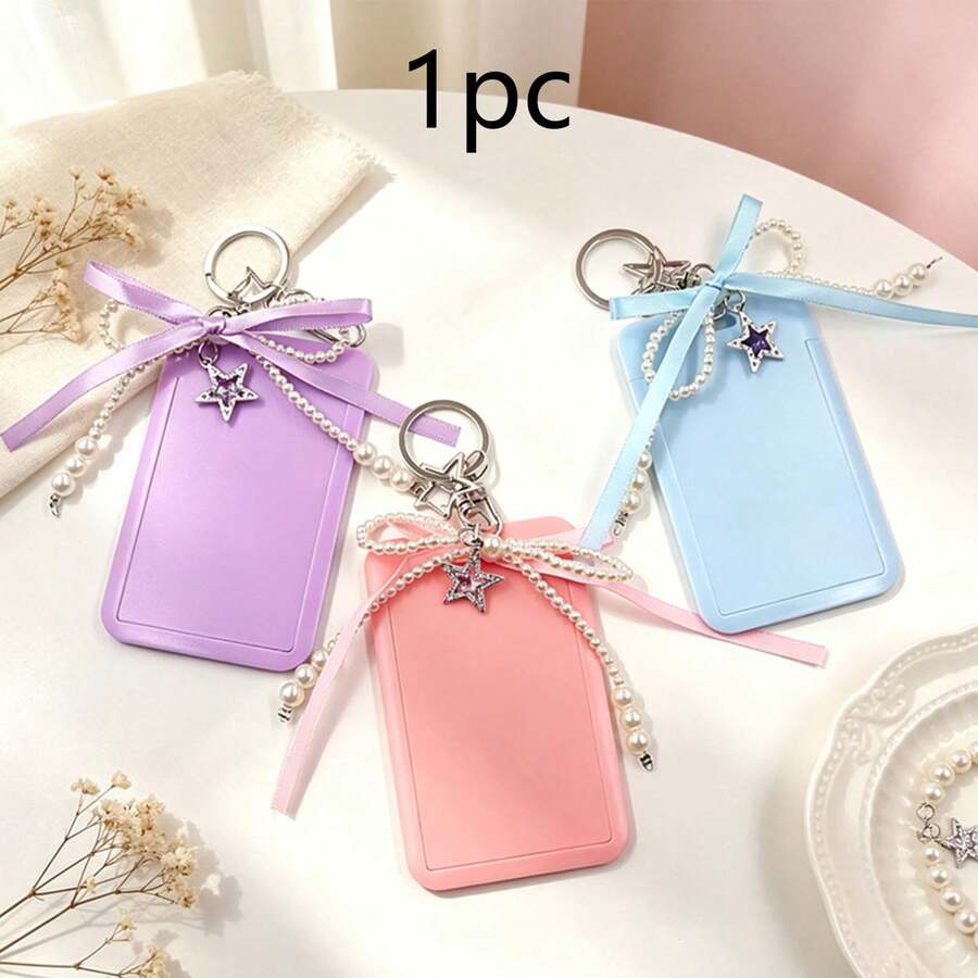 1pc Beaded Faux Pearl Ribbon Bow Star Pendant ID Card Holder Keychain Card Wallet - Multicolor - View 1