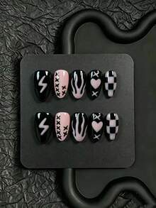 10pcs Handmade Press-On Nails, Short Almond Shape, Black & Pink Contrast Color, Lightning, Heart, Checkerboard Hand-Painted Elements, Autumn/Winter Daily Wear, With Full Nail Art Tool Set, Suitable For Girls' Self-Use Or Gift - Pink - View 8