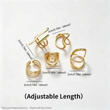 Set 5 Cincin Terbuka Geometris Stainless Steel, Cincin Tumpuk Niche Bintang & Bulan Spiral Asimetris - Emas - View 10