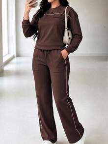 GLAMSKIN 女款秋季兩件套，圓領長袖運動衫與抽繩寬腿運動長褲，對比飾邊運動休閒套裝 - 棕色 - 查看 10