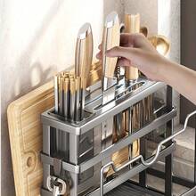 1pc Multifunctional Knife Holder, Kitchen Countertop Knife Pot Lid Cutting Board Integrated Storage Rack, With Drainage Tray Utensil Knife Spatula Organizer, Wall-Mounted No-Drill Kitchen Knife Stand - Multicolor - View 5