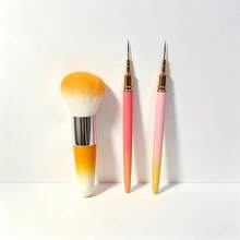 3Pcs Gradient Handle Brush Kit, 2 Fine Nail Liner Pens & 1 Orange-White Powder Brush, DIY Manicure & Cosmetic Blending Tool - Multicolor - View 5