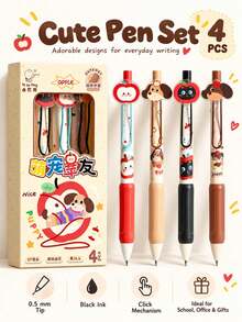 4pcs Cute Cartoon Animal Gel Pens, 0.5mm Black Ink Retractable Pens, Adorable Apple, Puppy & Cat Designs, Smooth Writing Pens For School, Office, Journaling, Stationery Gift Set - A - View 1