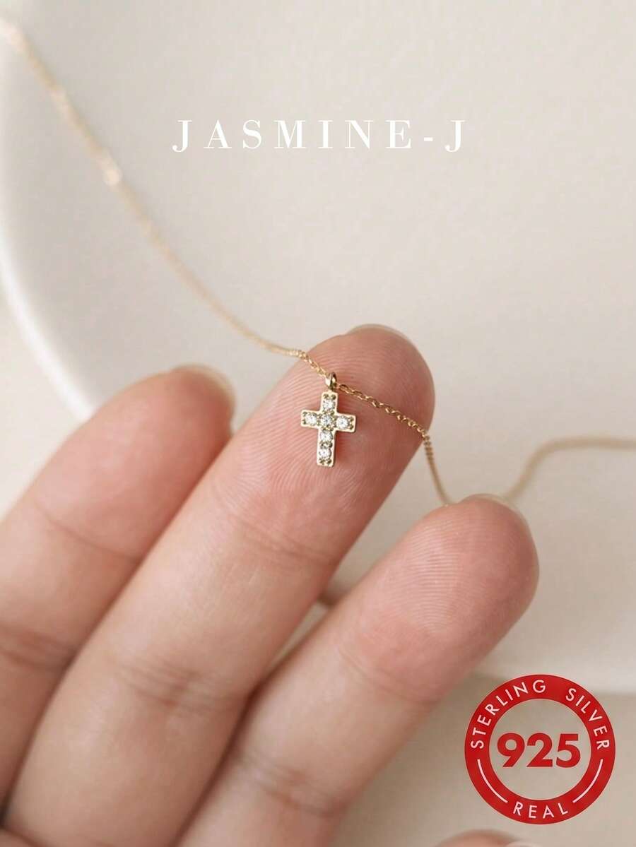 1pc S925 Sterling Silver Plated Mini Diamond Cross Pendant Necklace, Japanese-Style Delicate And Unique Cubic Zirconia Collarbone Chain, Great Gift For Girlfriends - Pendant Necklace - View 1