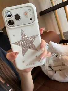 1 ốp lưng điện thoại màu kem vàng kim tuyến hình sao thiết kế chữ, tương thích với iPhone 18 Pro Max 17 Pro Max 16 Pro Max 15 Pro Max 14 Pro Max & 11/12/13/14/15/16/17/18 Pro/Plus - trắng - Xem 2