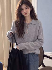Alicedudu Solid Raglan Sleeve Polo Neck Button Front Sweater,Long Sleeve Tops - Light Grey - View 1