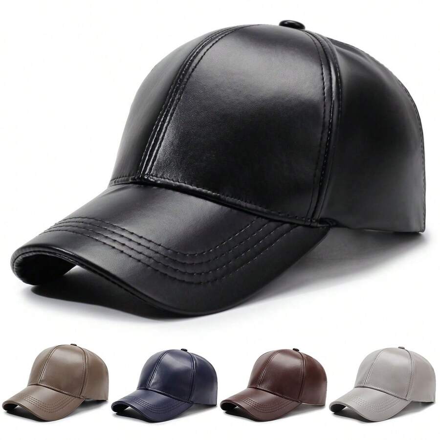 1 Men's PU Leather Baseball Cap Black Adjustable Solid Color Sun Protection Casual Hat Suitable For Spring And Autumn Travel Beach Party - Multicolor - View 1