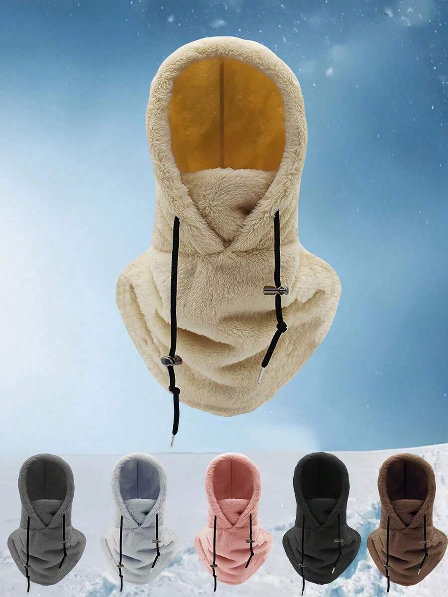 1pc Unisex Warm Windproof Winter Hat With Gloves, Outdoor Fleece Hat, Windproof Tie Hat, With Stitching Label Letter, Windproof Head Cover, Suitable For Mountain Biking, Motorcycle Face Mask Hat, Integrated Cold-Proof Scarf Hat, Essential For Motorcycle Riding - Multicolor - View 1