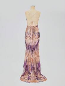LOVE&LEMONADE Sexy Women's Multi-Color Glamorous Sequin V-Neck Backless Tie-Up Extra Long Floor-Length Holiday Party Evening Gown - Multicolor - View 7