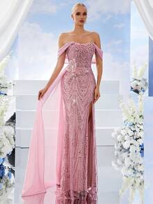 Elegant Women's Pink Mermaid Formal Gown, Featuring Beaded Mesh Fabric, Cold Shoulder Short Sleeves, Perfect For Prom And Evening Events - Pink - View 6
