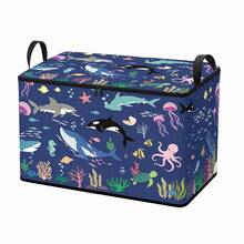 1PC Deep Sea Marine Creature Whale Shark Octopus Print Storage Box With Handles, Extra Large Capacity Foldable Organizer Bin For Closet Clothes Toys Sundries Storage, Space Saving Collapsible Container, Durable Multipurpose Home Decor - Navy Blue - View 9