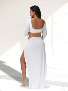 2pcs Maternity V-Neck Backless Tie-Up Cropped Top + Twisted Slit Maxi Skirt Set, Suitable For Baby Shower Party Photography - White - View 4