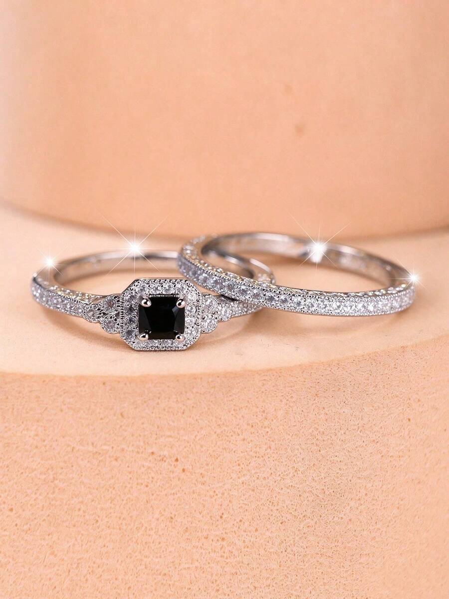 2pcs Set Fashion Elegant Women's Square Zirconia Rhinestone Ring Set, Can Be Used As Unique Jewelry Or Fashion Accessory, Also An Excellent Choice For Women's Birthday Gift Or Daily Accessory - Green - View 1