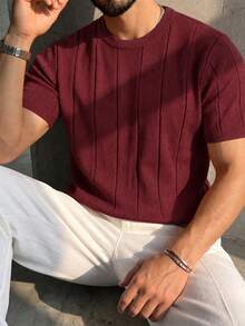 Men's Spring/Summer Ribbed Crew Neck Lightweight Loose Fit Short Sleeve Knit Sweater - Red Violet - View 5