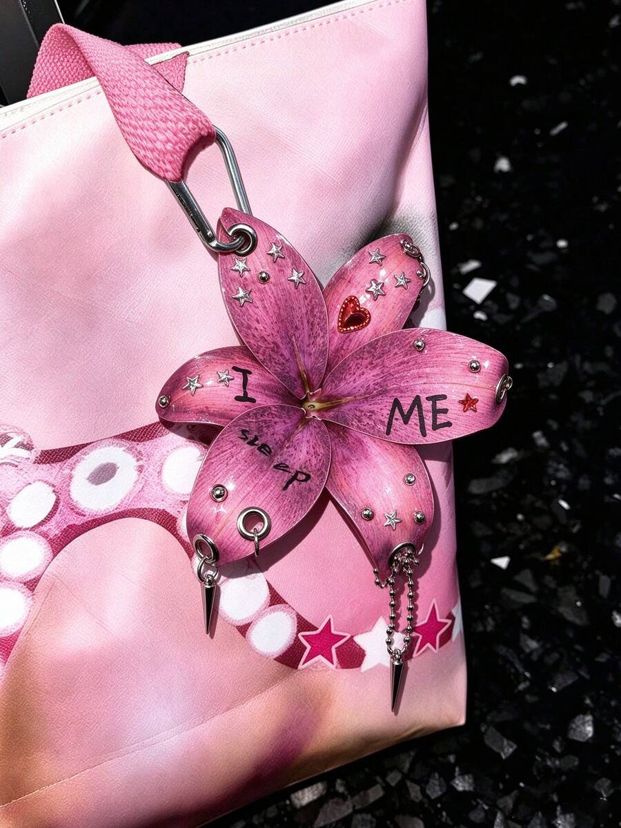 Y2K Pink Lily Spike Keychain, Gothic Letter Print Heart Rhinestone Bag Charm, Aesthetic Accessory - Pink - View 1