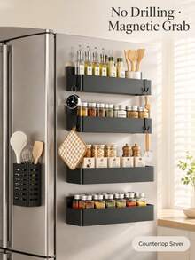 Magnetic Refrigerator Side Organizer, No-Drill Fridge Storage Rack With Spice Rack And Utensil Holder, 2-Tier Kitchen Shelf For Spices, Jars And Cooking Utensils, Countertop Saver - A - View 1