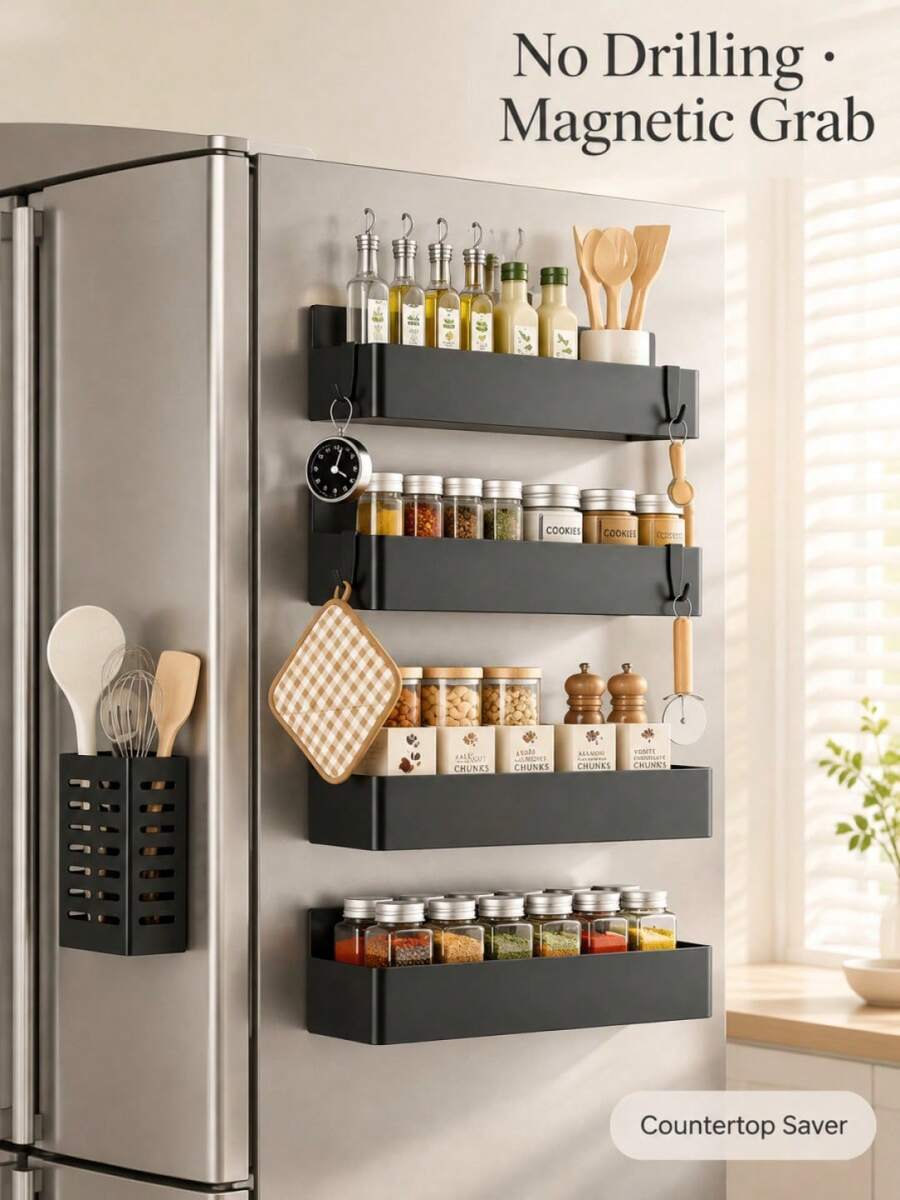 Magnetic Refrigerator Side Organizer, No-Drill Fridge Storage Rack With Spice Rack And Utensil Holder, 2-Tier Kitchen Shelf For Spices, Jars And Cooking Utensils, Countertop Saver - A - View 1