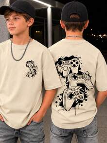 1pc Tween Boy Video Game Graphic Print Short Sleeve T-Shirt, Summer Top For Young Students - Apricot - View 2