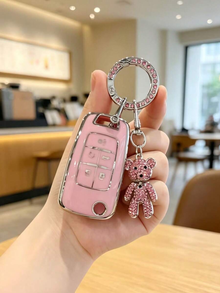 Creative Rhinestone Bear + Key Pouch Set, Suitable For Chevrolet 5-Button Cruze, Cruze, Cavalier, Malibu, Sail Car Key Cover, TPU Soft Shell Material, Protects Your Car Key From Scratches, Car Lock Key Accessory Protective Cover - A - View 1
