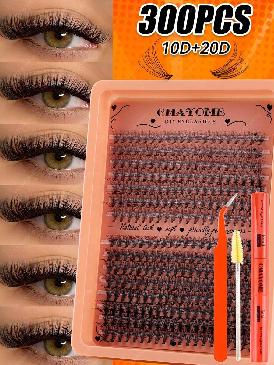 300 Mixed Individual Cluster Lashes, D Curl Segmented False Eyelashes ...