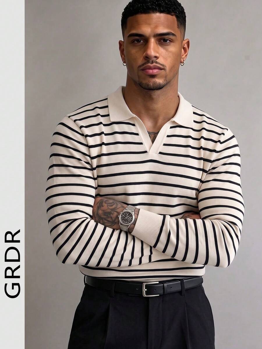 GRDR Men's Autumn/Winter Striped Knit Polo Sweater