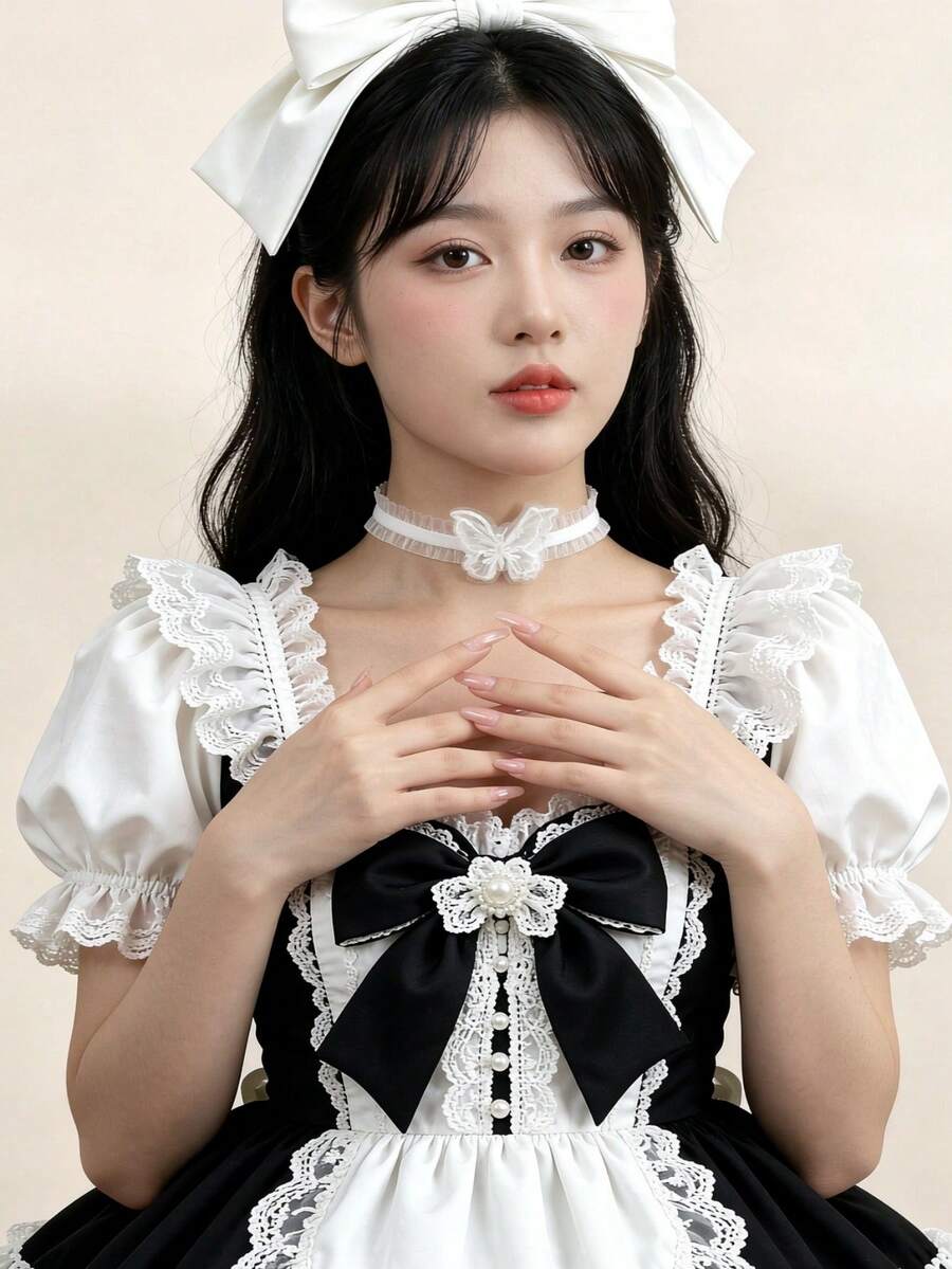 1件白色蕾絲蝴蝶結頸鍊項鍊 女款 頸部飾品 高端極簡風 - 白色J - 查看 1