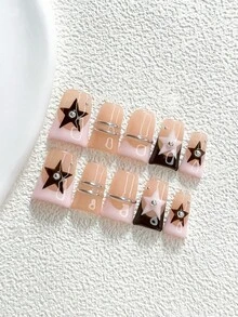 秋冬款 10片裝 Y2K 風格手工穿戴甲 Polygel 凝膠美甲套組 星星圖案 黑粉配色 甜酷風 含美甲工具 3種尺寸可選 杏仁甲/鴨嘴甲/棺材甲 適合派對、舞蹈、日常穿戴（手工細節可能有所不同） - 彩色 - 查看 13