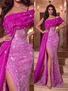 Elegant Strapless Long Dress, Sequin Fringe Bodice, Draped Ruffle Hem High Slit Mermaid Skirt, Suitable For Photos, Beach Vacation, Resort, Evening Party - Hot Pink - View 1