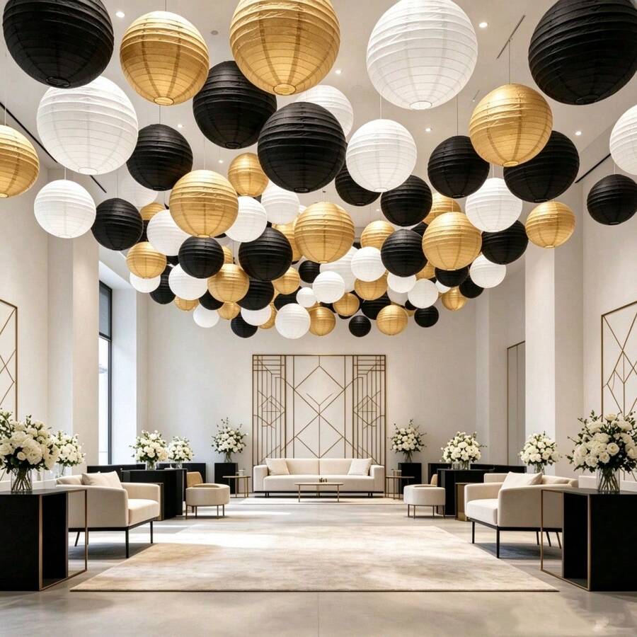 1 Set (15pcs) Black, Gold, White Paper Lanterns (Battery Not Included), Suitable For Birthday, New Year, Graduation Ceremony And Various Parties - A - View 1