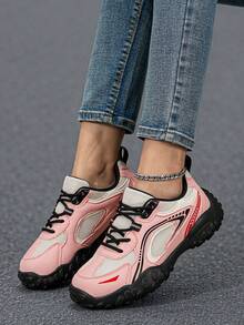 Giày thể thao nữ phong cách retro đế dày phối lưới hỗ trợ vòm chân, giày sneaker thường ngày nhẹ thoải mái đa năng đi làm đi chơi - Hồng - Xem 4