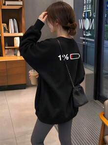 Funny 1% Low Battery Back Print Crew Neck Sweatshirt Women Loose Minimalist Black Versatile Long Sleeve Autumn Top - Black - View 7