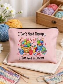 Knitting-Themed Craft Bag Suitable For Yarn, Needles & Cosmetics Storage - Beige With Yarn & Knitting Needles, Spacious For Crochet Hobbyists, Portable For, Travel, Small Items Carrier - Multicolor - View 1