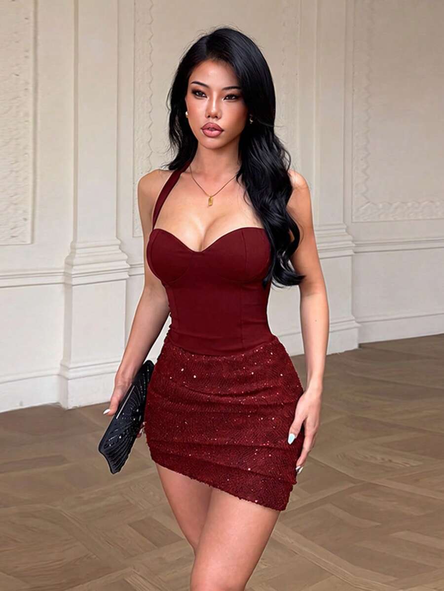 Autumn And Winter, Party Dress, Sexy Sparkling Patchwork Beach Dress, Suitable For Halloween, Christmas, New Year, Prom, Festival, Wedding - Burgundy - View 1