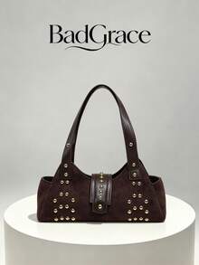 New Women's One Shoulder Underarm Bag With PU Patchwork Rivet Decoration, Flap Clasp Design, Wide Strap, Stylish And High-Quality, Moderate Size For Carrying Small Personal Items, Suitable For Daily Shopping, Commuting And Outfit Matching, Elegant Handbag - Coffee - View 2
