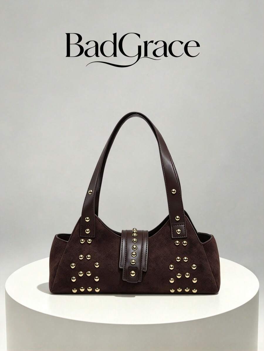 New Women's One Shoulder Underarm Bag With PU Patchwork Rivet Decoration, Flap Clasp Design, Wide Strap, Stylish And High-Quality, Moderate Size For Carrying Small Personal Items, Suitable For Daily Shopping, Commuting And Outfit Matching, Elegant Handbag