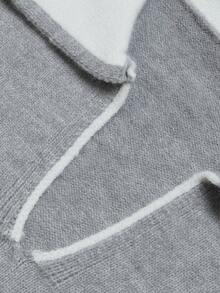 Autumn Women's Grey Knit Two Pieces Outfit, Contrast White Collar V Neck Cropped Sweater, Drawstring Jogger Pants, Fall Holiday Daily Casual Outfits - Multicolor - View 4