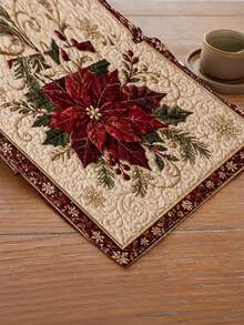 1 buah Taplak Meja Natal, Cetakan Datar 2D, Pola Poinsettia Merah dan Kepingan Salju, Dekorasi Meja Natal Gaya Rumah Pertanian Vintage, Cocok untuk Pesta Makan Malam Keluarga di Hari Raya - Merah - View 5