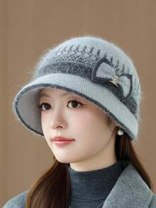 1pc Women Faux Rabbit Fur Knitted Cloche Hat, Bow & Rhinestone Decor Short Brim Bucket Hat, Thick Warm Autumn Winter Hat, 8 Colors Available - MZY2872 Bow Fisherman Hat for Middle-aged - View 2