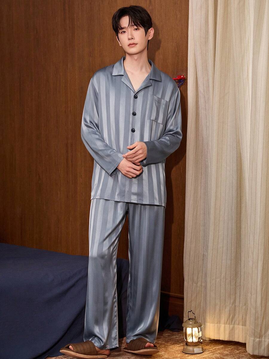Gongdie 2件組男士睡衣套裝,秋冬款藍色條紋絲滑柔軟居家服,附口袋 - 霧霾藍 - 查看 1