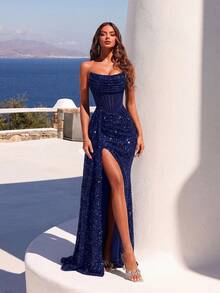 ADYCE Elegant Sequin Strapless High Waist Ruched Tie Back Open Back High Slit Corset Floor Length Evening Gown, Suitable For Prom, Homecoming, Wedding Guest, Party, Autumn - Navy Blue - View 7