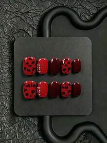 10 buah kuku tempel buatan tangan, bentuk persegi-bulat pendek, kontras merah anggur & merah terang, motif macan tutul merah dengan elemen rantai berlian imitasi, gaya musim gugur/musim dingin, termasuk set alat manikur lengkap, cocok untuk penggunaan pribadi atau hadiah untuk anak perempuan. - Merah - View 9